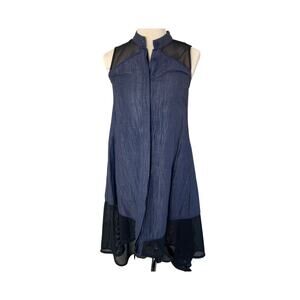 Staci Snider Dark Blue Linen Black Mesh High Low Outdoors Summer Maxi Dress